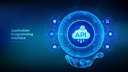 API. Application Programming Interface in Form einer Kugel mit sechseckigem Gittermuster in der Hand Drahtgestell. Software-Entwicklungswerkzeug, Cloud-Computing-Technologie-Konzept. Vektorillustration