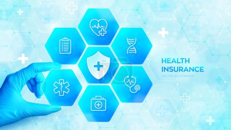 Illustration for Health insurance. Healthcare. Medical services. Hand in blue glove places an element into a composition with medical icons visualizing medical insurance. Virus protection. Vector illustration - Royalty Free Image