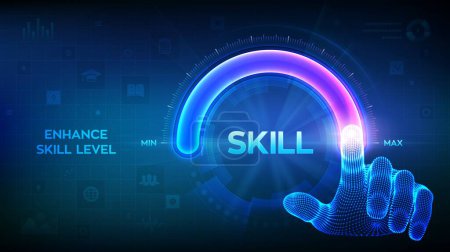 Illustration for Skill levels growth. Increasing Skills Level. Wireframe hand is pulling up to the maximum position progress bar with the word Skill. Concept of professional or educational knowledge. Vector - Royalty Free Image