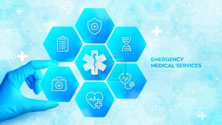 Illustration for Emergency medical services. Emergency call. Online medical support. Hand in blue glove places an element into a composition with medical icons visualizing emergency services. Vector illustration - Royalty Free Image