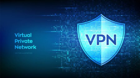 VPN. Virtuelles privates Netzwerksymbol mit binärem Code. Datenverschlüsselung, IP-Ersatz. Sichere VPN-Verbindung. Cybersicherheit und Privatsphäre. Matrixhintergrund mit Ziffern 1.0. Vektorillustration