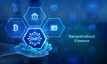 DeFi. Decentralized Finance. Blockchain, decentralized financial system. Business technology concept concept in wireframe hand. Vector illustration