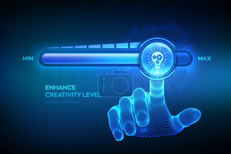 Illustration for Increasing Creativity. Wireframe hand is pulling up to the maximum position progress bar with the creativity icon. Innovative and Solution. Idea and imagination. Creative mode. Vector illustration - Royalty Free Image