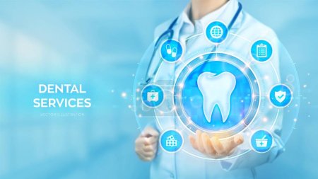 Dental servises. Dentistry concept. Dental insurance. Dental care, taking care of teeth. Doctor holding in hand tooth icon and medicine icons network connection on virtual screen. Vector illustration