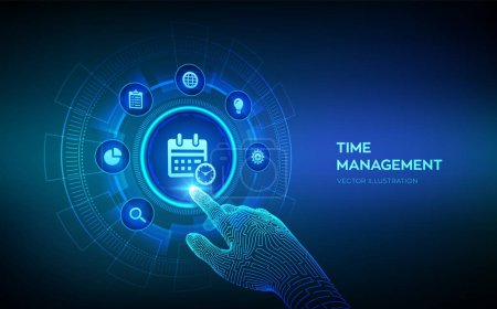Time management concept planning, organization, working time. Project management efficiency succesful strategy concept on virtual screen. Robotic hand touching digital interface. Vector illustration