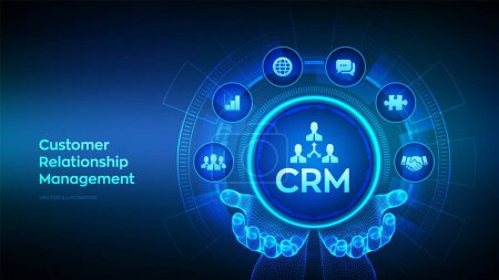 Illustration for CRM. Customer Relationship Management. Customer service and relationship. Enterprise Communication and planning concept on virtual screen. Robotic hand touching digital interface. Vector illustration - Royalty Free Image