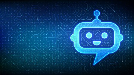Illustration for Robot chatbot head icon. Chatbot assistant application sign. AI technology background. Speech bubble message. Dialogue cloud. Circuit board pattern. PCB printed circuit texture. Vector Illustration - Royalty Free Image