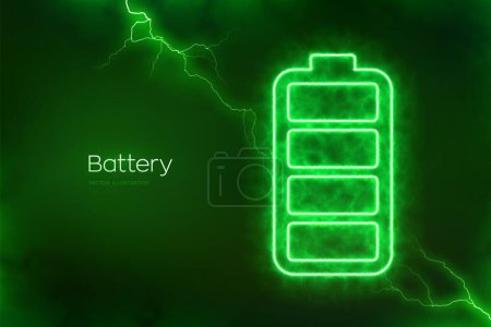 Battery icon with electrical energy glow effect. Green Energy. Charging point station. Rechargeable accumulator. Battery power supply background. Electric discharge effects. Vector illustration