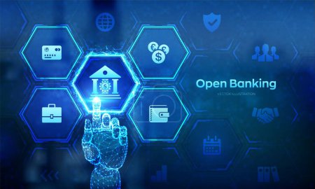 Open banking. Banking service. API financial technology. Fintech business concept on virtual screen. Wireframe robotic hand touching digital interface. Vector illustration