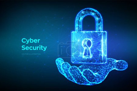 Illustration for Lock. Cyber security. Padlock With Keyhole icon in hand. Protect and Security or Safe concept. Illustrates cyber data security or information privacy idea. Low polygonal vector Illustration - Royalty Free Image