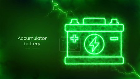 Akku-Batterie-Symbol mit elektrischer Energie-Glühwirkung. Automobilakkumulator. Grüne Energie. Ladestation. Hintergrund der Batterieversorgung. Elektrische Entladung. Vektor
