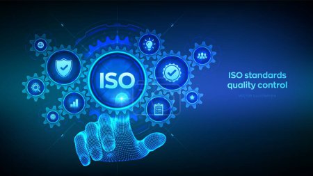 Illustration for ISO standards quality control, assurance warranty business technology concept on virtual screen. Wireframe hand touching digital interface with connected gears cogs and icons. Vector illustration - Royalty Free Image