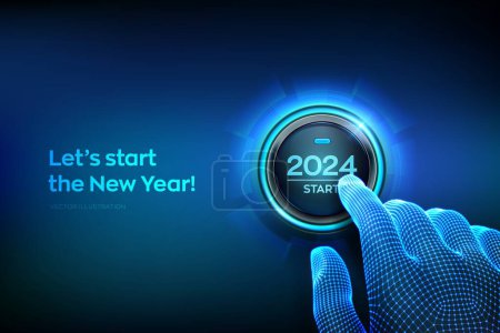 2024 geht es los. Finger drücken, um einen Knopf mit dem Text 2024 zu starten. Frohes neues Jahr. Das neue Jahr steht vor zweiundzwanzig Jahren vor der Tür. Vektorillustration