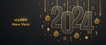 Happy New 2024 Year. Hanging on gold ropes numbers 2024 with shining 3D metallic stars, balls and confetti on black background. New Year greeting card, banner template. Realistic Vector illustration