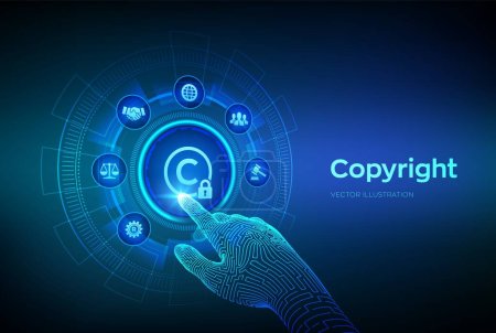 Illustration for Copyright. Patents and intellectual property protection law and rights. Protect business ideas and headhunter concepts. Robotic hand touching digital interface. Vector illustration - Royalty Free Image