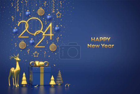 Frohes neues Jahr 2024. Hängende goldene metallische Zahlen 2024 mit Sternen, Kugeln und Schneeflocken auf blauem Hintergrund. Geschenk-Box und goldene metallische Kiefer oder Tanne, kegelförmige Fichten. Vektorillustration