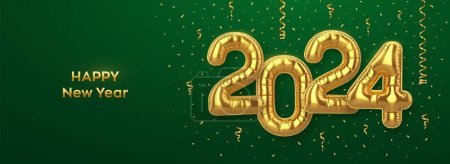Bonne année 2024. Numéros de ballon en feuille d'or sur fond vert. Ballons d'hélium en feuille d'or 3D haute précision réaliste. Joyeux Noël et bonne année 2024 carte de voeux. Illustration vectorielle