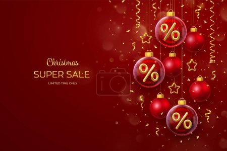 Illustration for Christmas sale banner design. Golden 3D Percentage symbol in a transparent glass ball. Red background with hanging gold stars, balls, falling confetti. Advertising poster, flyer. Vector illustration - Royalty Free Image