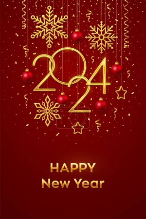 Ilustración de Feliz Año Nuevo 2024. Colgando números metálicos dorados 2024 con copos de nieve brillantes, estrellas metálicas 3D, bolas y confeti sobre fondo rojo. Tarjeta de felicitación de Año Nuevo o plantilla de banner. Vector - Imagen libre de derechos