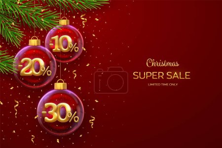 Illustration for Christmas sale banner. 10, 20, 30 percent Off discount promotion. Realistic golden 10, 20, 30 numbers in a transparent glass balls on red background. Advertising poster, flyer. Vector illustration - Royalty Free Image
