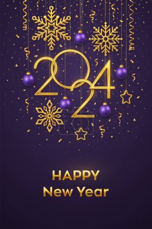 Frohes neues Jahr 2024. Hängende goldene metallische Zahlen 2024 mit leuchtenden Schneeflocken, 3D-metallischen Sternen, Kugeln und Konfetti auf violettem Hintergrund. Neujahrsgrußkarte oder Bannervorlage. Vektor