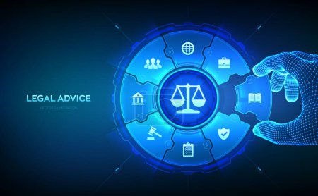 Labor law, Lawyer, Attorney at law, Legal advice concept. Internet law services and cyberlaw. Wireframe hand places an element into a composition visualizing online lawyer advice. Vector illustration