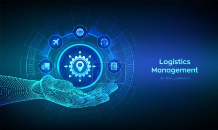 Illustration for Logistics management concept. Logistic icon in wireframe hand. Smart logistics and transportation. Logistic global network distribution. Business of transport industrial. Vector illustration - Royalty Free Image