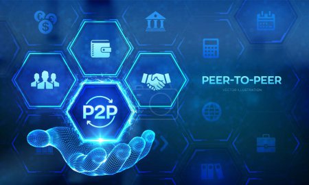 Téléchargez les illustrations : Peer to peer logo in wireframe hand. P2P payment and online model for support or transfer money. Peer-To-Peer technology concept on virtual screen. Vector illustration - en licence libre de droit
