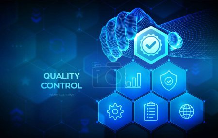Control de calidad. Garantía de control de estándares de calidad. Certificación de estandarización ISO. La mano de Wireframe coloca un elemento en una composición que visualiza el control de calidad. Ilustración vectorial