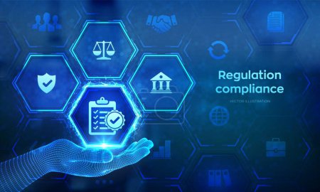 Regulation Compliance financial control internet technology concept on virtual screen. Compliance rules icon in wireframe hand. Reg Tech. Law regulation policy. Vector illustration