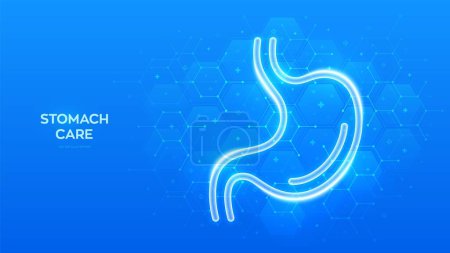 Illustration for Stomach care. Treatment of stomach and digestive system diseases. Stomach icon. Gastroenterology clinic medical banner. Molecular structure. Blue medical background with hexagons. Vector illustration - Royalty Free Image