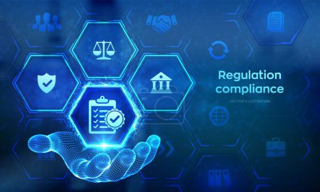 Regulierung Compliance Finanzkontrolle Internet-Technologie-Konzept auf virtuellem Bildschirm. Compliance-Regeln Symbol in der Hand Wireframe. Reg Tech. Gesetzliche Regulierungspolitik. Vektorillustration