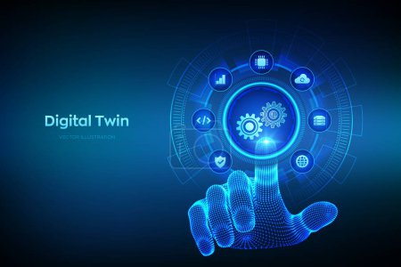 Illustration for Digital twin business and industrial process modelling technology concept on virtual screen. Innovation and optimisation. Wireframe hand touching digital interface. Vector illustration - Royalty Free Image