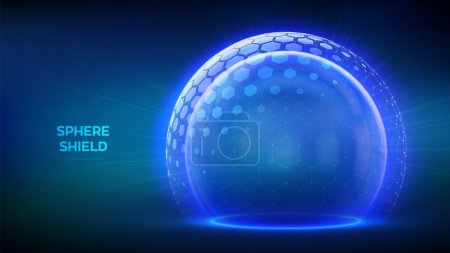 Protection sphere shield with hexagon pattern on blue background. Glass Dome shield. Glowing bubble shield in the form of a force energy field. Protection and safety concept. Vector illustration