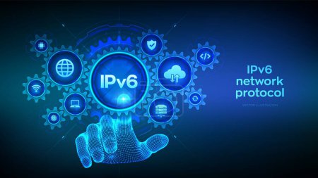 IPv6. Internet Protocol version 6. Ipv6 network protocol standard internet communication concept. Wireframe hand touching digital interface with connected gears cogs, icons. Vector illustration