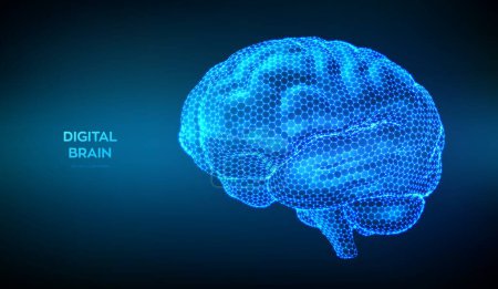 Gehirn. 3D Human Brain mit sechseckiger Oberfläche. Digitales Gehirn. Künstliche Intelligenz und Konzept für neuronale Netzwerktechnologie. Maschinelles Lernen. Denkanstöße. Vektorillustration