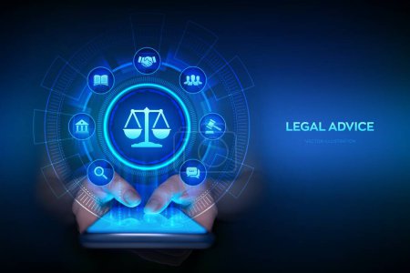 Illustration for Labor law, Lawyer, Attorney at law, Legal advice concept on virtual screen. Cyberlaw as digital legal services or online lawyer advice. Smartphone in hands. Using smartphone. Vector illustration - Royalty Free Image