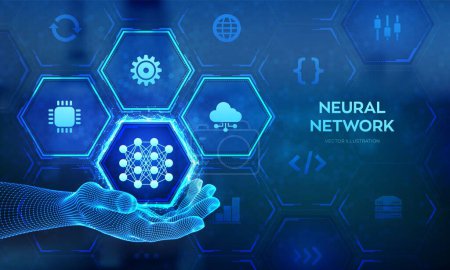 Neuronales Netzwerk-Symbol in der Hand von Wireframe. KI. Künstliche Intelligenz. Maschinelles Lernen. Tiefes Lernen. Big-Data-Analyse-Technologie-Konzept. Vektorillustration