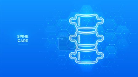 Spine icon. Spine health. Back pain spine treatment, Physiotherapy, Diagnostics concept. Molecular structure. Blue medical background with hexagons. Vector illustration.