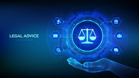 Labor law, Lawyer, Attorney at law, Legal advice concept on virtual screen. Internetlaw and cyberlaw as digital legal services or online lawyer advice. Law sign in robotic hand. Vector illustration