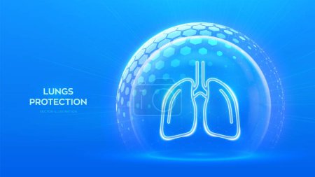 Ilustración de Lungs care and protection. Healthy lungs medical concept. Human respiratory system anatomy lungs organ icon inside protection sphere shield with hexagon pattern on blue background Vector illustration - Imagen libre de derechos