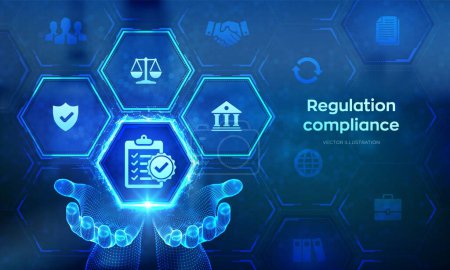 Regulierung Compliance Finanzkontrolle Internet-Technologie-Konzept auf virtuellem Bildschirm. Compliance-Regeln-Symbol in Wireframe-Händen. Reg Tech. Gesetzliche Regulierungspolitik. Vektorillustration