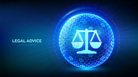Labor law, Lawyer, Attorney at law, Legal advice concept. Justice icon inside protection sphere shield with hexagon pattern. Internet law as digital online legal services. Vector Illustration