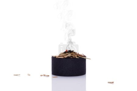 Photo for Burning incense on charcoal isolated on white background. Smudging, cleansing, purifying ceremony. - Royalty Free Image