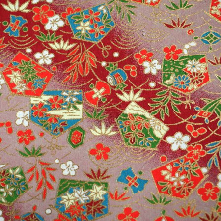 Traditional Japanese patterns representing festivity and luck botanical/floral in gold, red and green colors