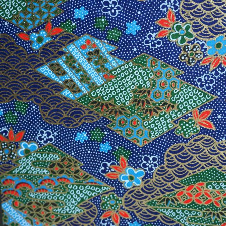 Traditional Japanese patterns representing festivity - waves, botanical/floral theme in multi colors including gold, blue and green colors