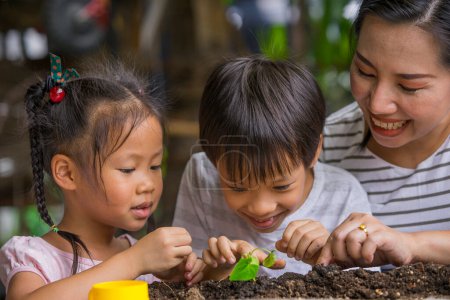 Photo for Asian mother and her kids gardening together. Spring and hobbies, family grows flowers together. Hobby home for whole family, entertainment with children, development abd education. - Royalty Free Image