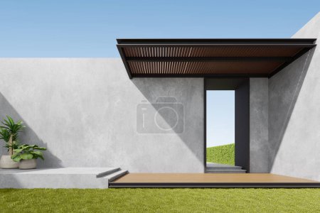 3d render of exterior with wooden terrace and concrete building wall.
