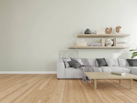 3D-Darstellung des modernen Wohnzimmers mit weißem Sofa auf Holzboden.