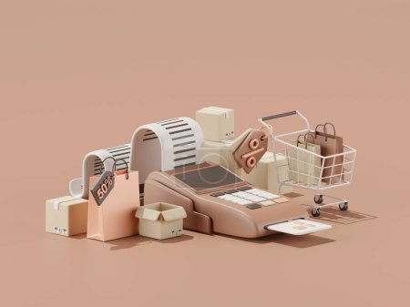 Foto de 3d render of payment terminal with parcel boxes and shopping bag in a trolley, Shopping online concept. - Imagen libre de derechos